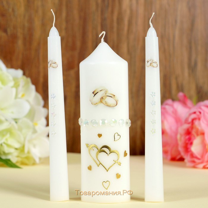 Набор свадебных свечей с бусинами "Обручальные кольца", белый, ручная работа, микс