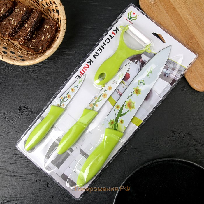 Набор кухонных принадлежностей, 4 предмета: 3 ножа с антиналипающим покрытием, лезвие 8,5 см, 12 см, 20 см, овощечистка, цвет зелёный