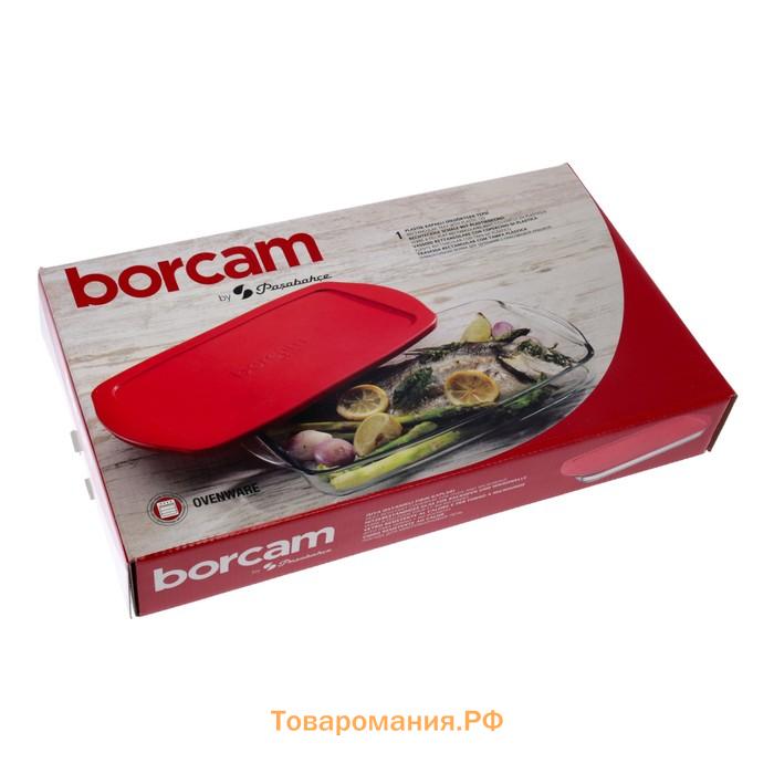 Форма для выпечки и запекания прямоугольная Paşabahçe Borcam, 1,95 л, жаропрочное стекло, с красной крышкрой, прозрачная