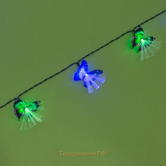 Гирлянда «Нить» 4.5 м с насадками «Бабочки», IP44, тёмная нить, 30 LED, свечение синее/зелёное, 2 режима, солнечная батарея