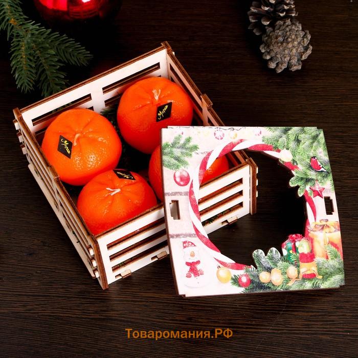 Набор новогодних свечей "Мандарины в ящике", 4 шт, 13,6×13,6×6,6 см