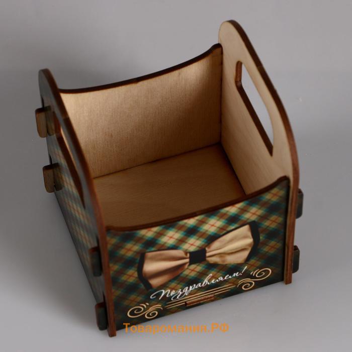 Кашпо деревянное 10.5×10×11 см подарочное Рокси Смит "Поздравляем! Галстук-бабочка", коробка