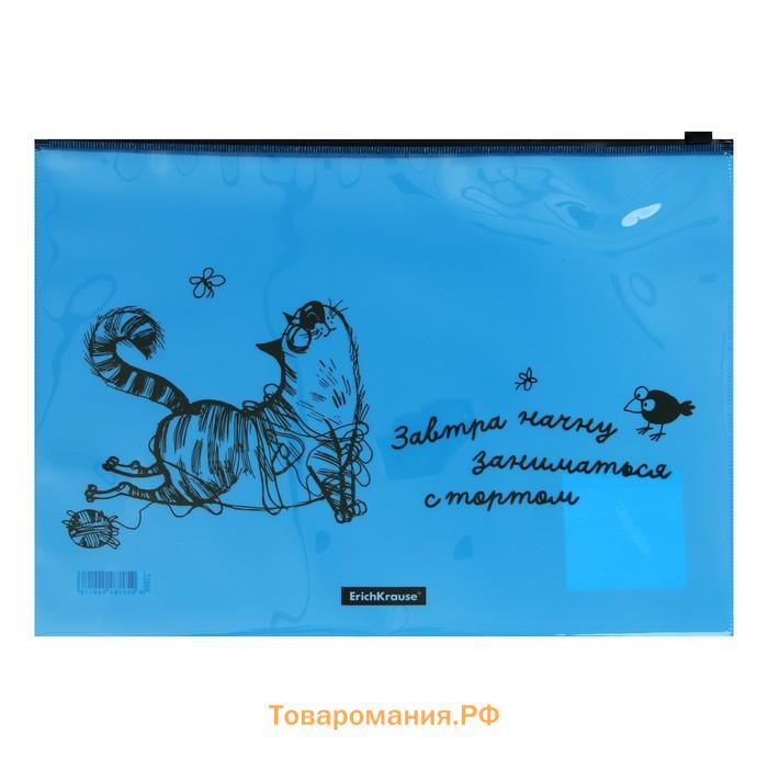 Папка-конверт на ZIP-молнии А4, 160 мкм, ErichKrause Zen Cats, глянцевая, полупрозрачная, с принтом, микс