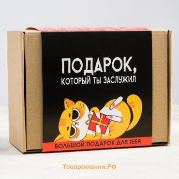 Гифтбокс «Подарок, который ты заслужил», чай 50 г., термостакан 350 мл., драже шоколадное 80 г., шоколад 4 шт. * 5 г., леденец 30 г.