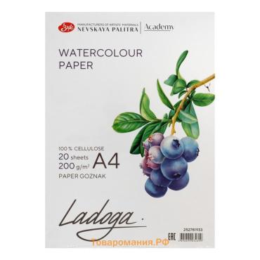 Бумага для акварели в папке А4, ЗХК "Ладога", 20 листов, 200 г/м2, среднезернистая, (252781933)